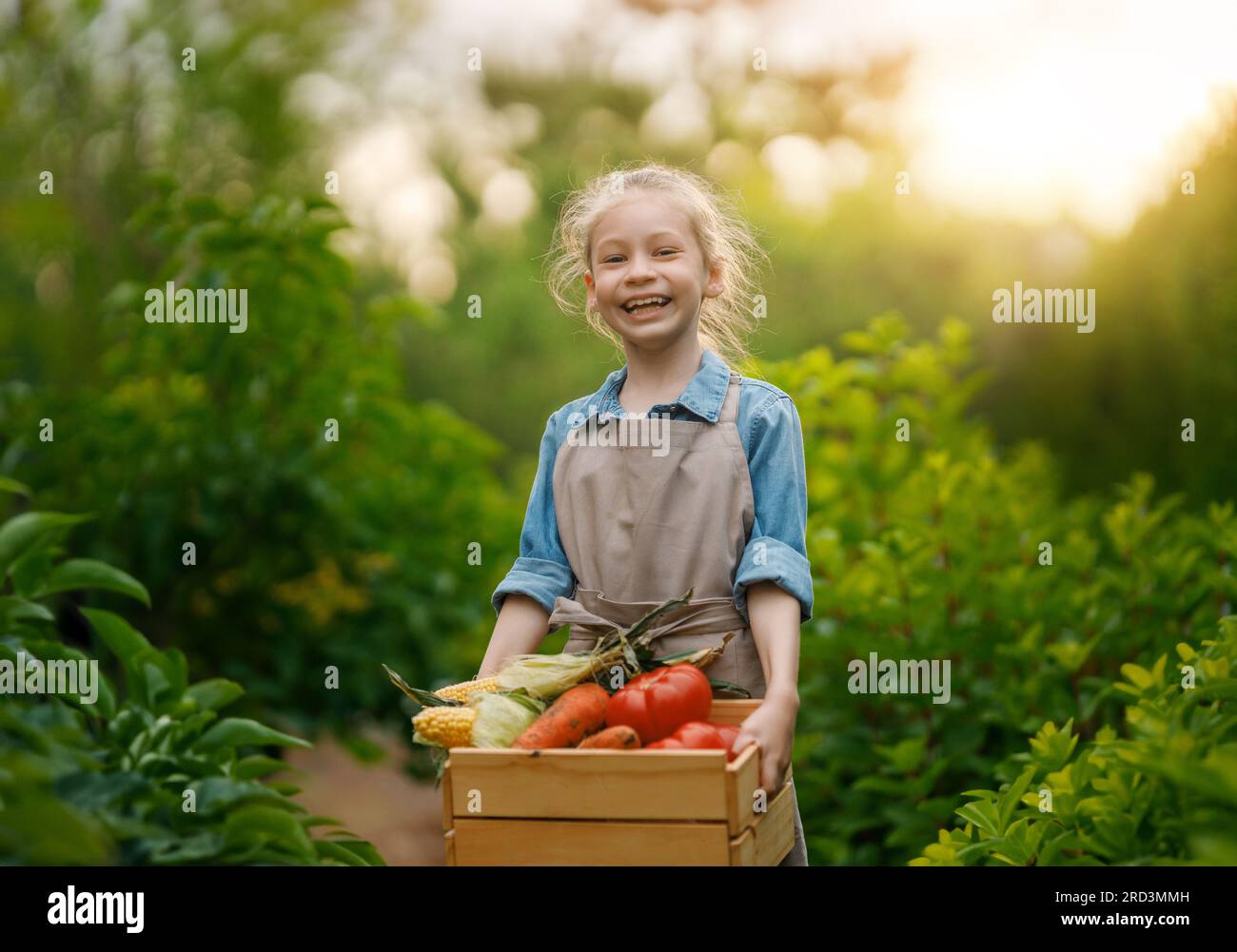 Happy little farmer kid arranging freshly