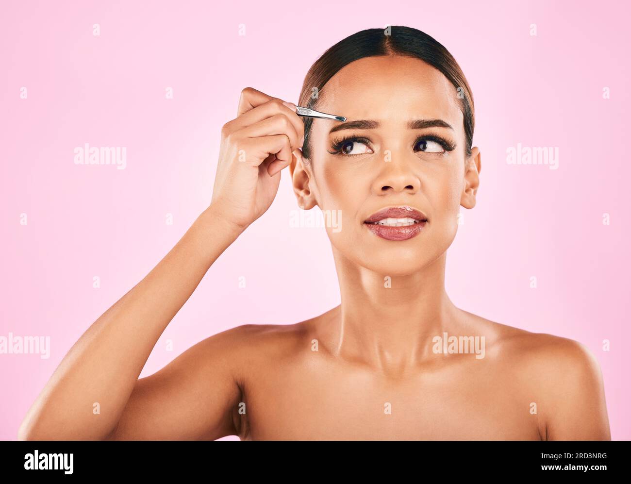 Face, pain and woman with tweezer for eyebrow in studio isolated on a ...