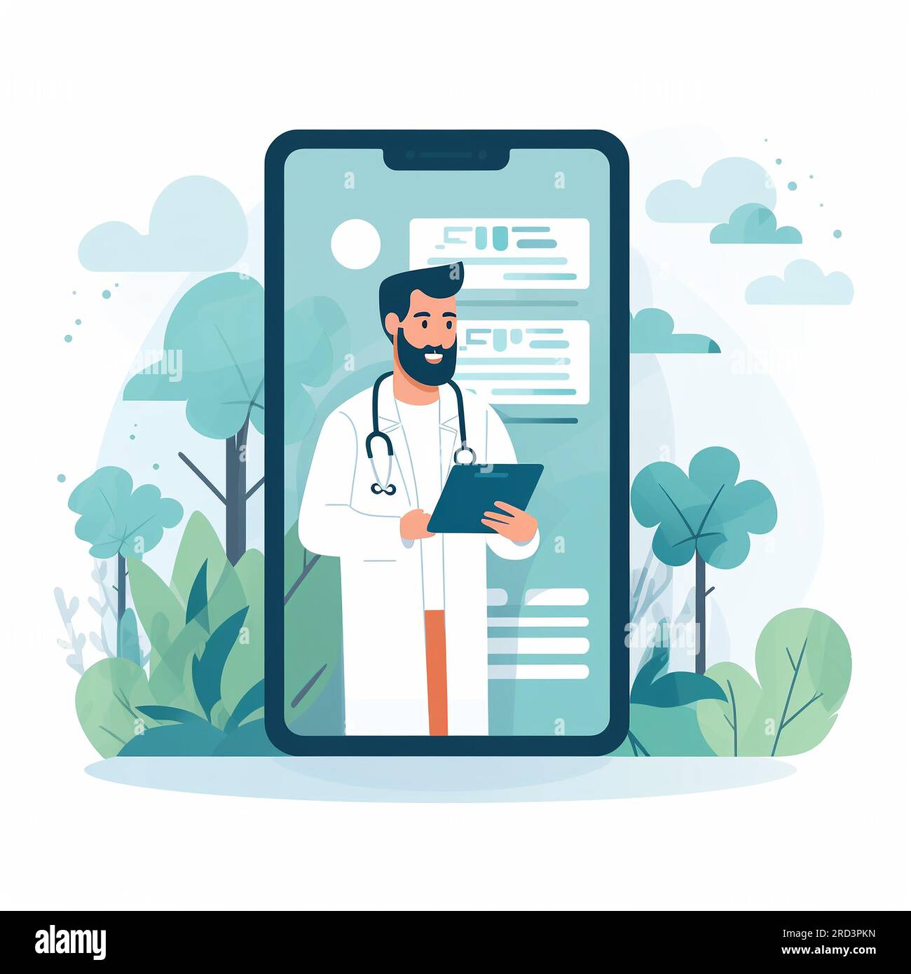 Online medicine. Doctor on the background of a mobile phone with a laptop in his hand. Flat illustration Stock Photo