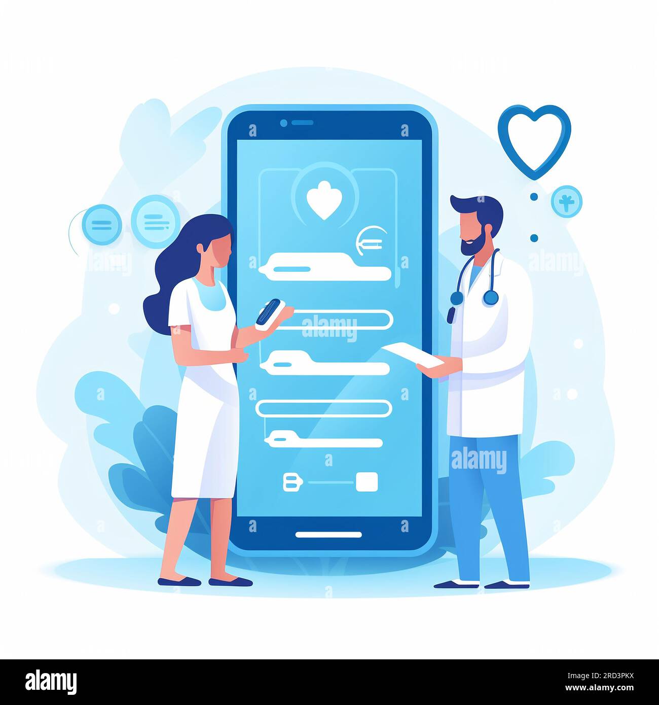 Online medicine. Doctor on the background of a mobile phone with a laptop in his hand. Flat illustration Stock Photo