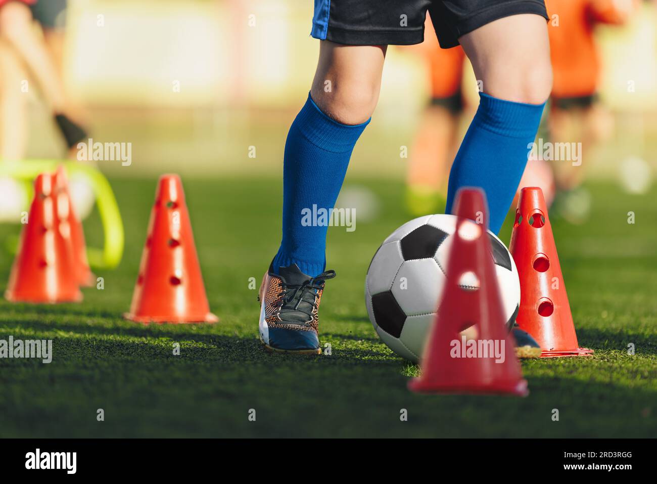 Soccer training class for children. Kids kicking classic soccer ball on