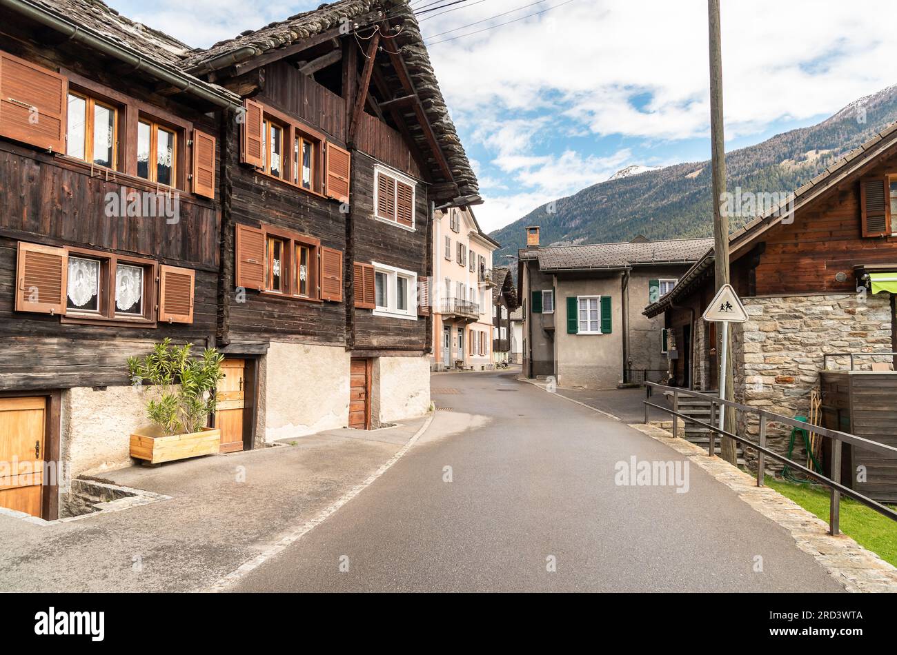 Street in the small village Chironico, is a fraction of the municipality of Faido, in the Canton of Ticino, district of Leventina, Switzerland Stock Photo