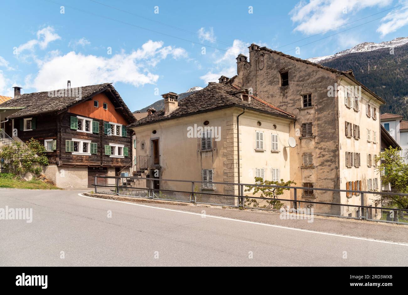 Street in the small village Chironico, is a fraction of the municipality of Faido, in the Canton of Ticino, district of Leventina, Switzerland Stock Photo