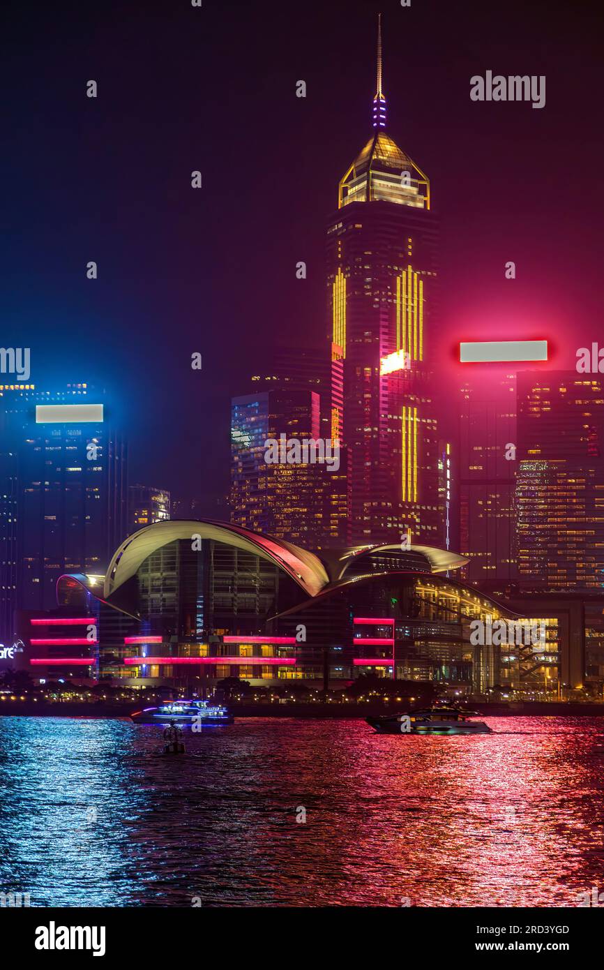 Hong Kong skyline at night with laser show, Victoria Harbour, SAR, China Stock Photo