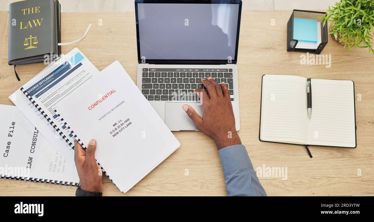Legal paperwork, divorce lawyer on laptop and top of desk, mockup with