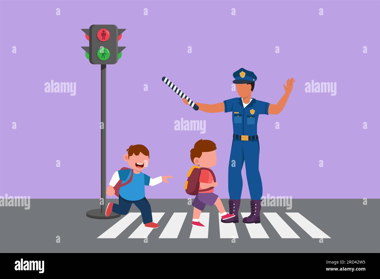 Cartoon flat drawing elementary school students crossing road on zebra crossing are helped by traffic police holding stop signs. Pedestrian or crossin Stock Photo