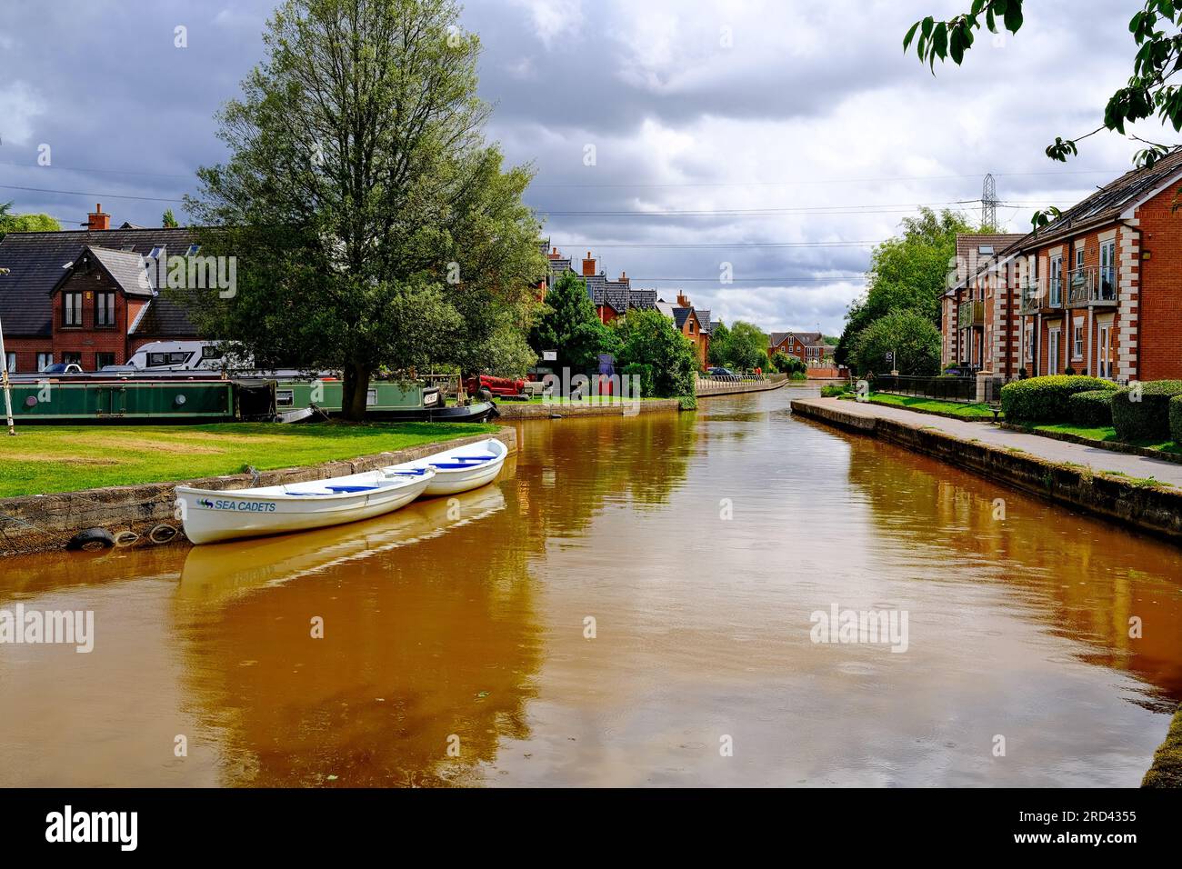 Historic village Worsley Manchester with barge repair yard, inland waterway, boats, and mining heritage. Stock Photo