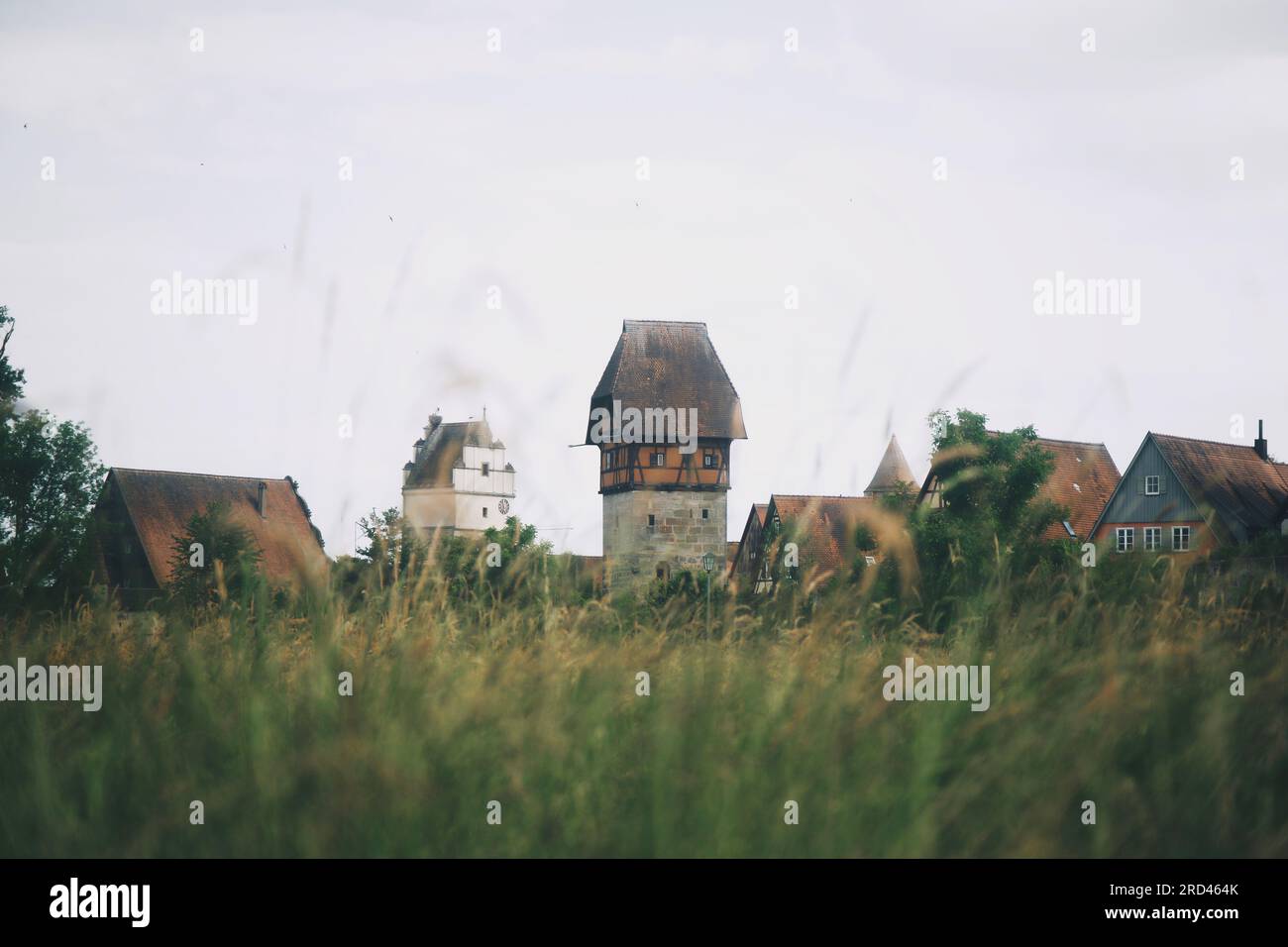 A photo of buildings in the german town Dinkelsbühl. In front of the buildings there is a large field of grass. Stock Photo