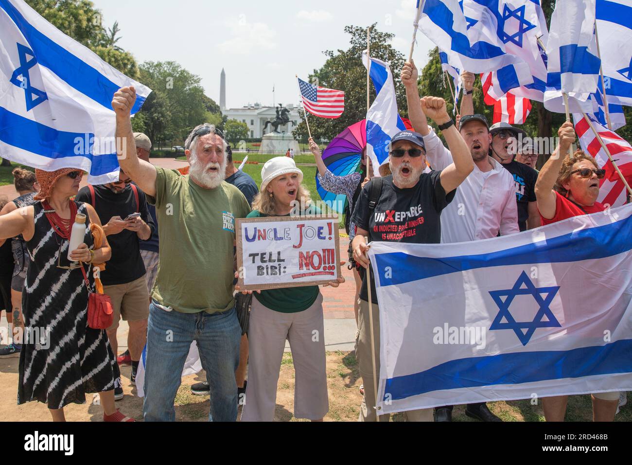 Washington, DC, United States. 18th July, 2023. Israeli expats protest in front of the White House, demonstrating against President Biden's invitation of Israeli President Benjamin Netanyahu to the White House. Credit: Aaron Schwartz/Alamy Live News Stock Photo