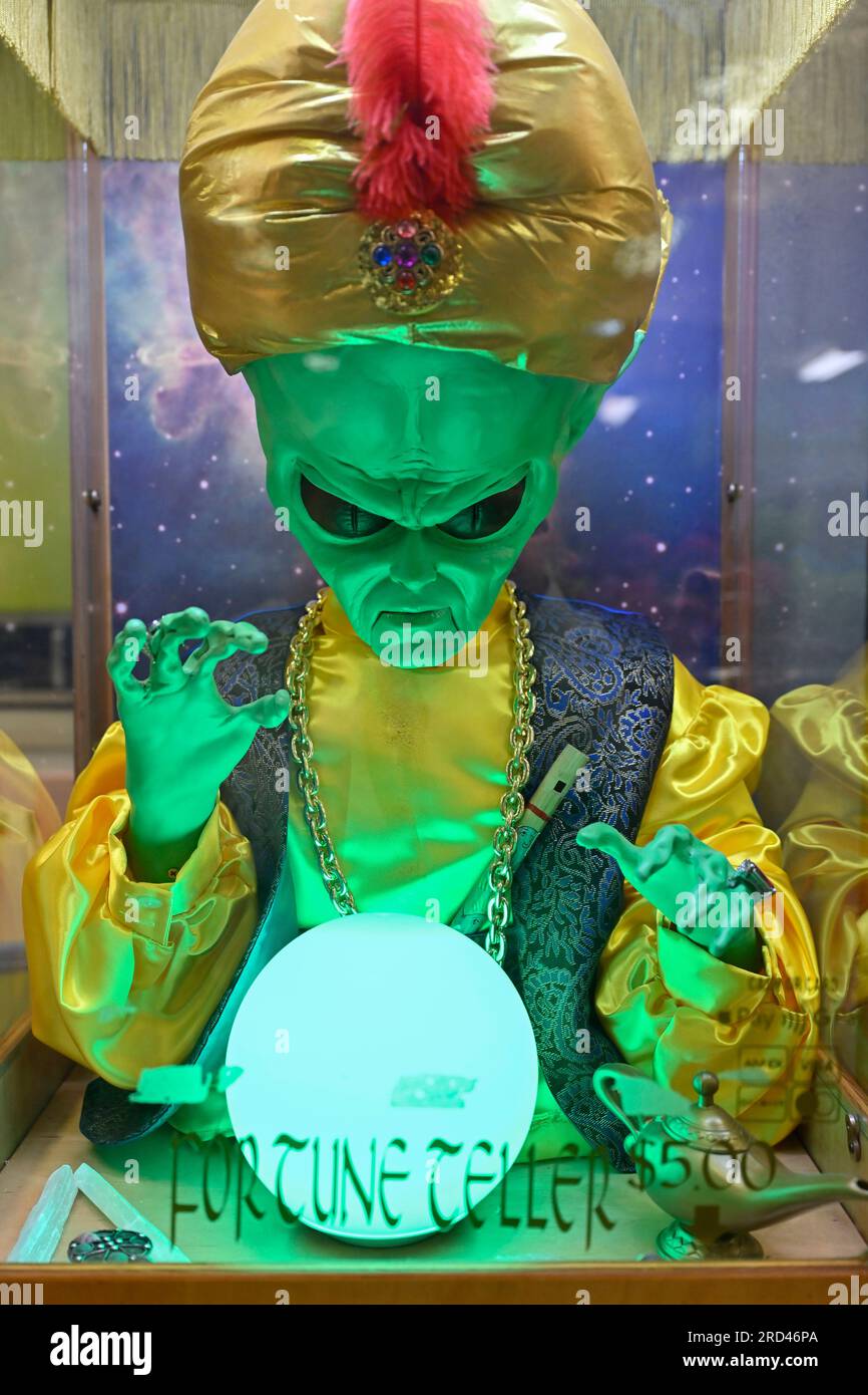 Amargosa Valley, Nevada, USA. 16th July, 2023. An alien-themed fortune teller amusement machine is seen inside the Area 51 Alien Center on July 16, 2023, in Amagrosa Valley, Nevada. The roadside extraterrestrial-themed souvenir shop sits along U.S. Highway 95 about 90 miles north of Las Vegas and borders the southwest corner of the Nevada National Security Site, formally known as the Nevada Test Site, where the secret base Area 51 is located. (Credit Image: © David Becker/ZUMA Press Wire) EDITORIAL USAGE ONLY! Not for Commercial USAGE! Stock Photo