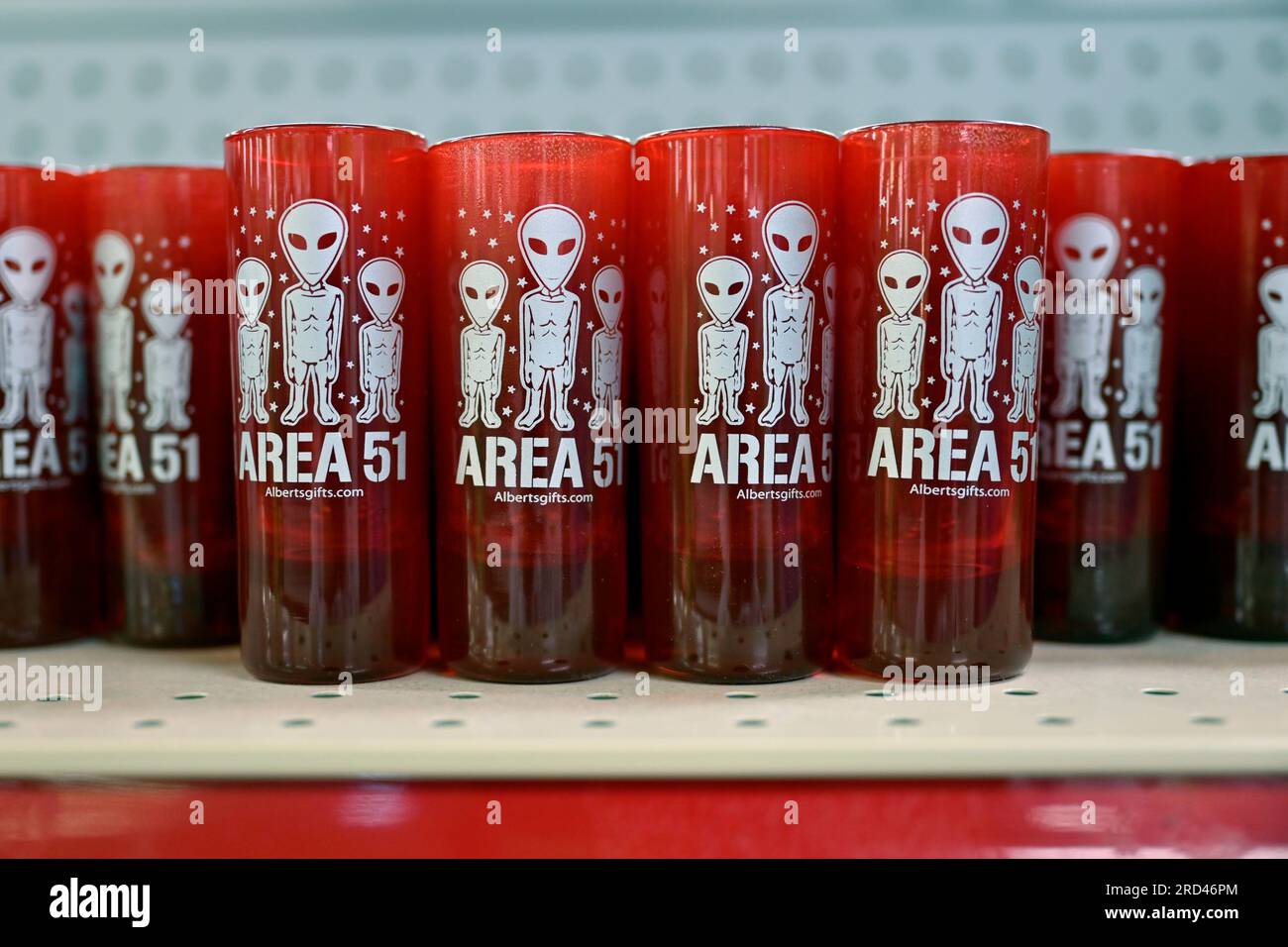 Amargosa Valley, Nevada, USA. 16th July, 2023. Merchandise including Area 51-themed glassware is displayed for sale inside the Area 51 Alien Center on July 16, 2023, in Amagrosa Valley, Nevada. The roadside extraterrestrial-themed souvenir shop sits along U.S. Highway 95 about 90 miles north of Las Vegas and borders the southwest corner of the Nevada National Security Site, formally known as the Nevada Test Site, where the secret base Area 51 is located. (Credit Image: © David Becker/ZUMA Press Wire) EDITORIAL USAGE ONLY! Not for Commercial USAGE! Stock Photo