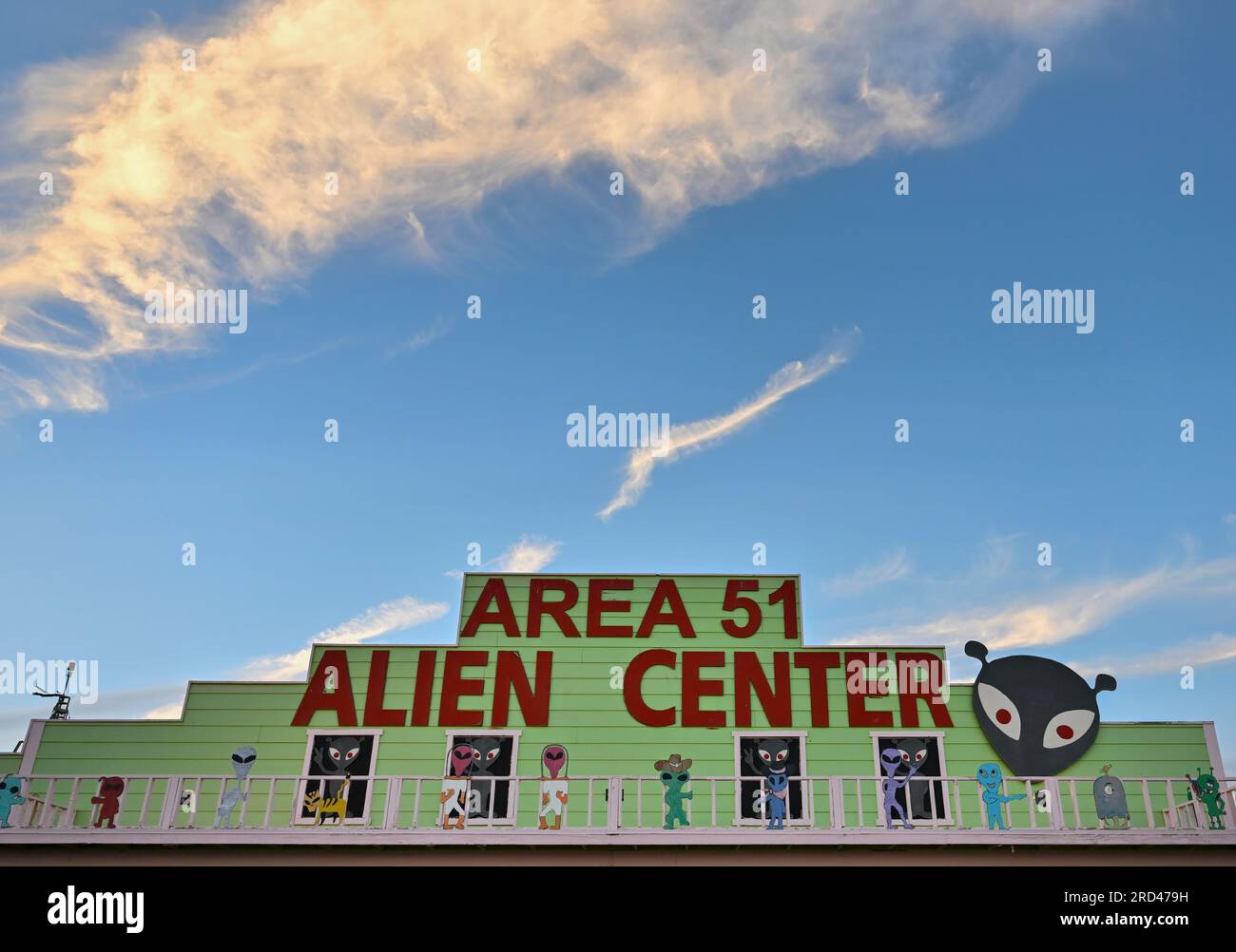 Amargosa Valley, Nevada, USA. 16th July, 2023. The Area 51 Alien Center is seen at sunset on July 16, 2023, in Amagrosa Valley, Nevada. The roadside extraterrestrial-themed souvenir shop sits along U.S. Highway 95 in Nye County, about 90 miles north of Las Vegas and borders the southwest corner of the Nevada National Security Site, formally known as the Nevada Test Site, where the secret base Area 51 is located. (Credit Image: © David Becker/ZUMA Press Wire) EDITORIAL USAGE ONLY! Not for Commercial USAGE! Stock Photo