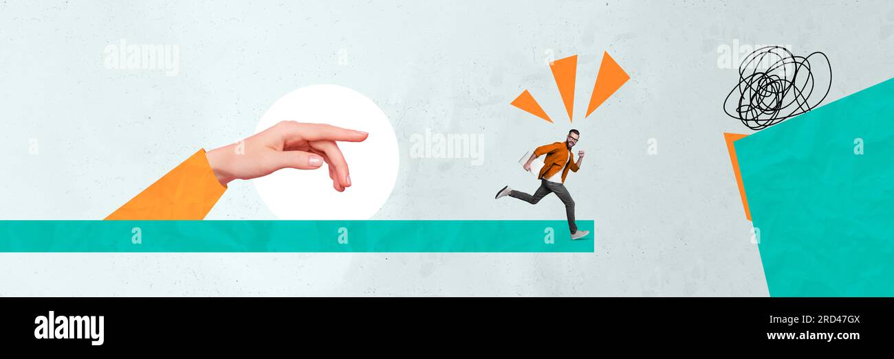 Photo collage artwork picture of excited guy running away big arm ...