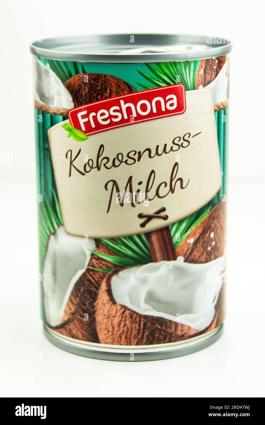 Hamburg, Germany - July 12 2023: Kokosnussmilch Freshona in der Dose ...