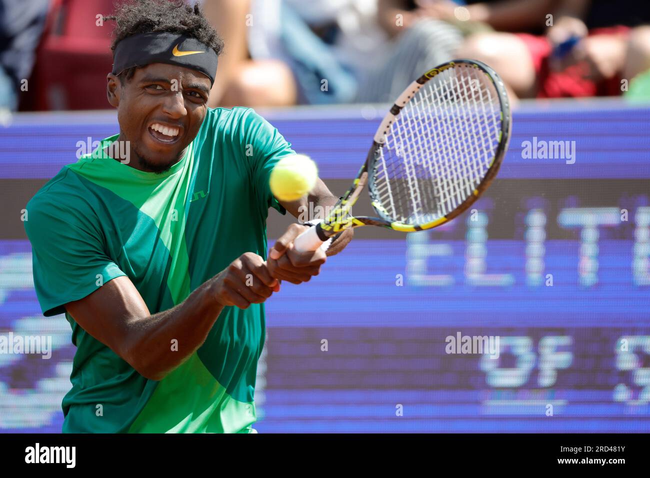 Elias Ymer of Sweden in action during a tennis match against Leo Borg of  Sweden during the Swedish Open ATP tennis tournament in Bastad, Sweden, on  July 18, 2023.Photo: Adam Ihse /