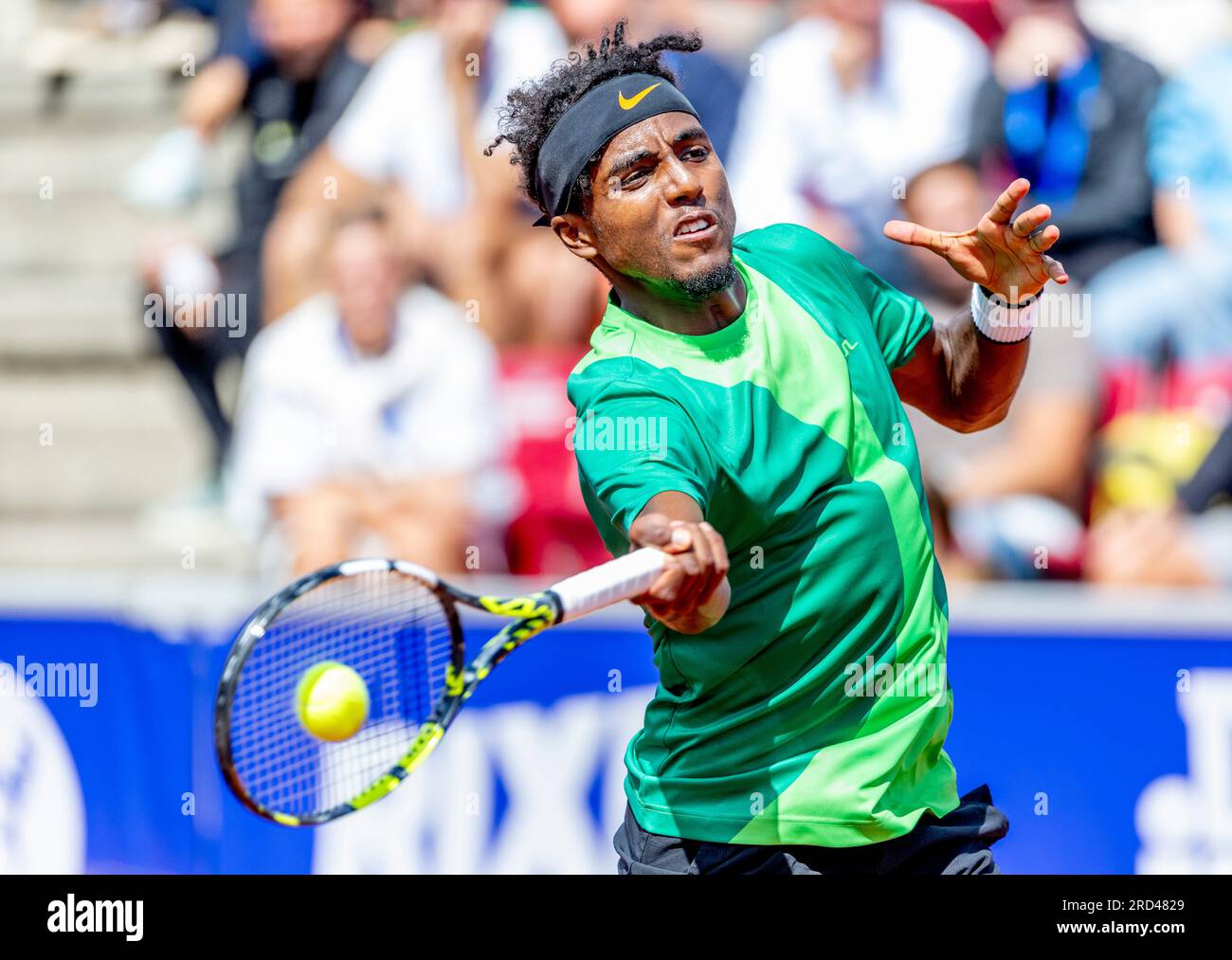 Elias Ymer of Sweden in action during a tennis match against Leo Borg of Sweden during the Swedish Open ATP tennis tournament in Bastad, Sweden, on July 18, 2023