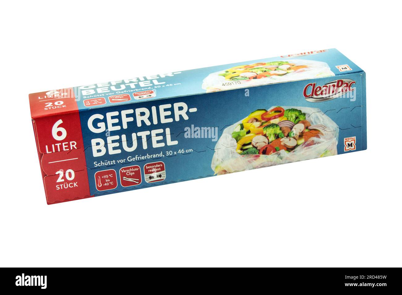 Müller Clean Pac, Gefriebeutel 6,  Liter im Pappkarton  auf weißem Hintergrund Stock Photo