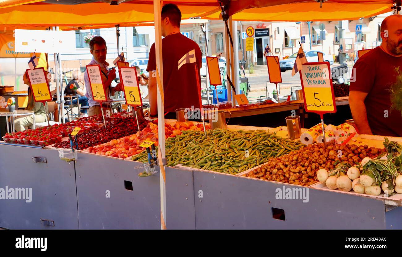 Fruit, berries and vegetables for sale at the Market Square, Kauppatori, at Helsinki Harbor in Finland Stock Photo