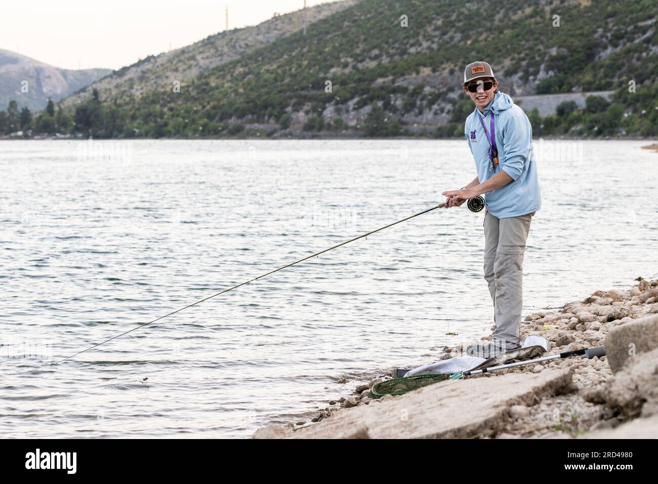 Man participate in the World Youth Fly Fishing Championships on Lake  Mostar, in Mostar in Bosnia and Herzegovina, on July 18, 2023. Photo: Denis  Kapetanovic/PIXSELL Credit: Pixsell/Alamy Live News Stock Photo 
