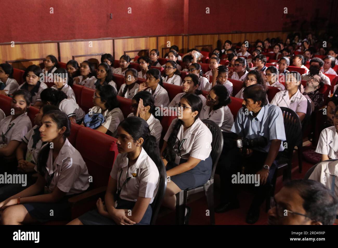 (7/14/2023) Mahadevi Birla School Students watch on live telecast of Chandrayaan-3 Mission at the Birla Industrial and Technological Museum (BITM) in Kolkata. Indian Space Research Organization (ISRO), a major constituent of the Department of Space (DOS), Government of India, launched a LVM3 (Launch Vehicle Mark III) M4 carrying the Chandrayaan-3 Mission at Satish Dhawan Space Centre (SDSC) in Sriharikota, Tirupati district of Andhra Pradesh, India. India's moon-landing mission Chandrayaan-3 consists of an indigenous propulsion module, lander module and a rover. (Photo by Dipa Chakraborty/Pac Stock Photo
