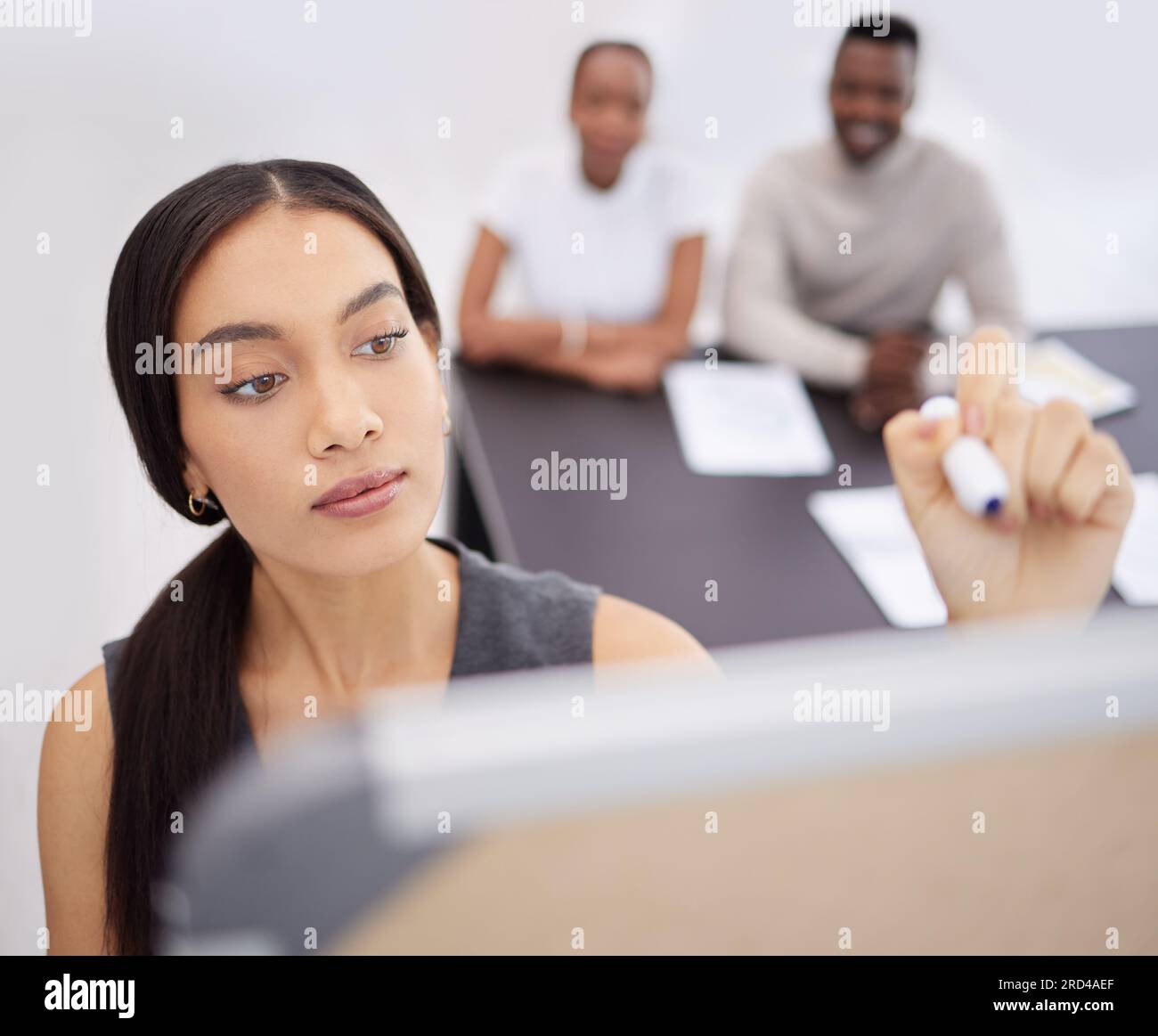 Woman, face and writing on board, presentation and brainstorming with