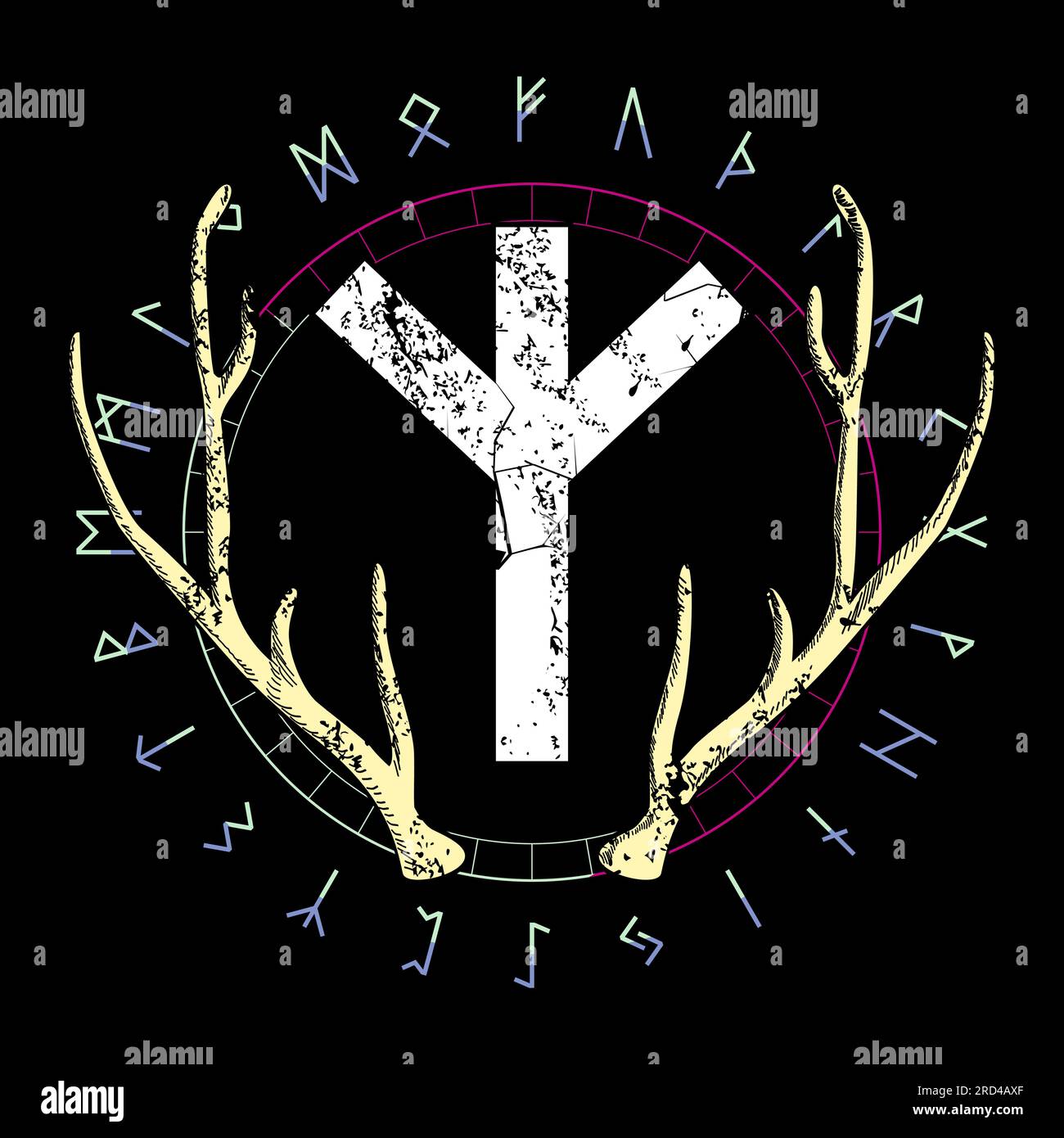 Design for a t-shirt with the runic lettering called Algiz next to elk horns. Ancient alphabet in circular design. Stock Vector