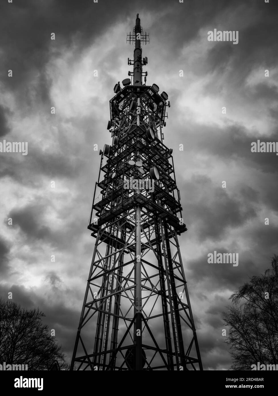 radio tower, communication tower in black and white Stock Photo