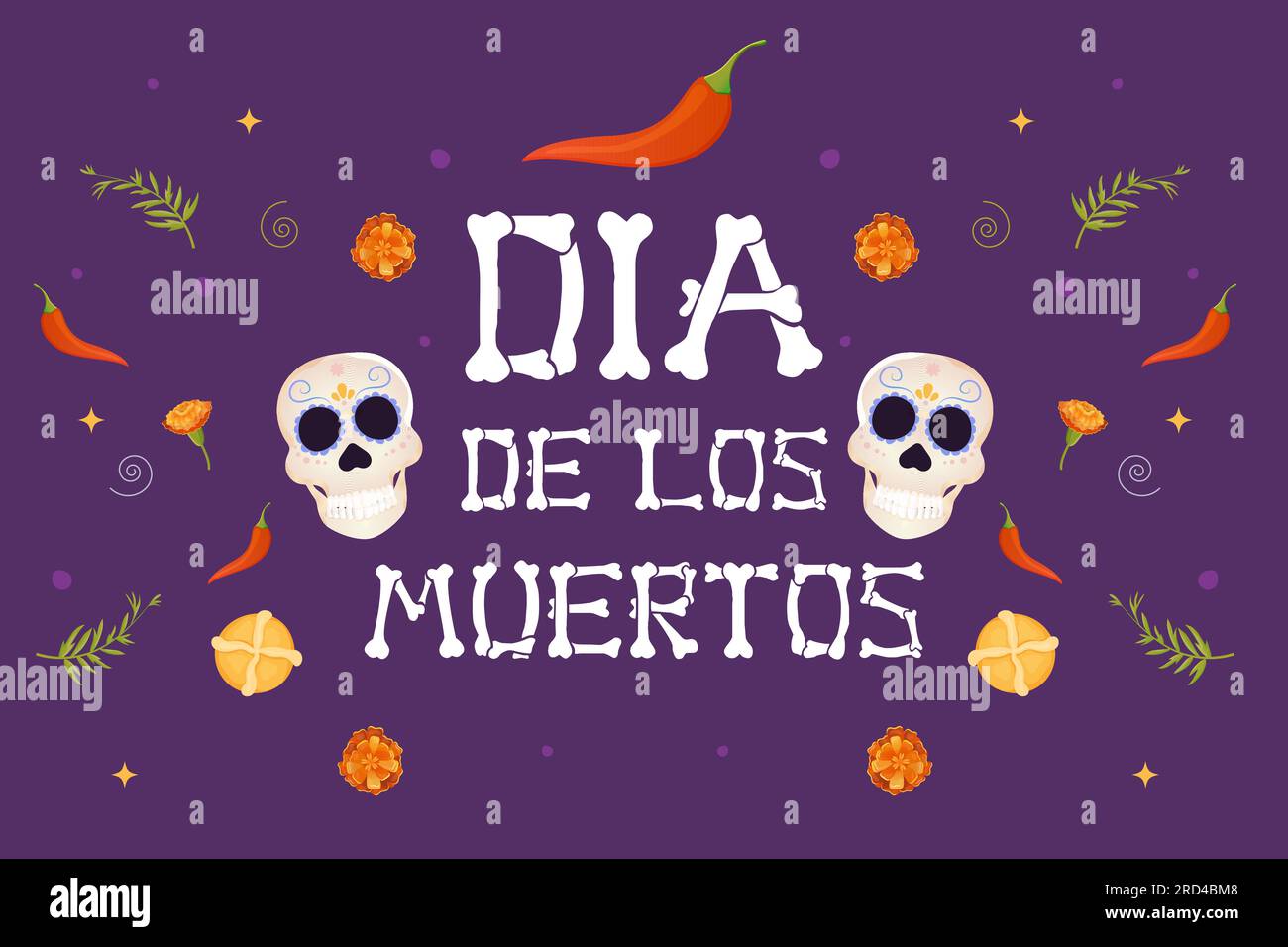 Day of the dead postcard. skull and flor de muerto,bread of the dead