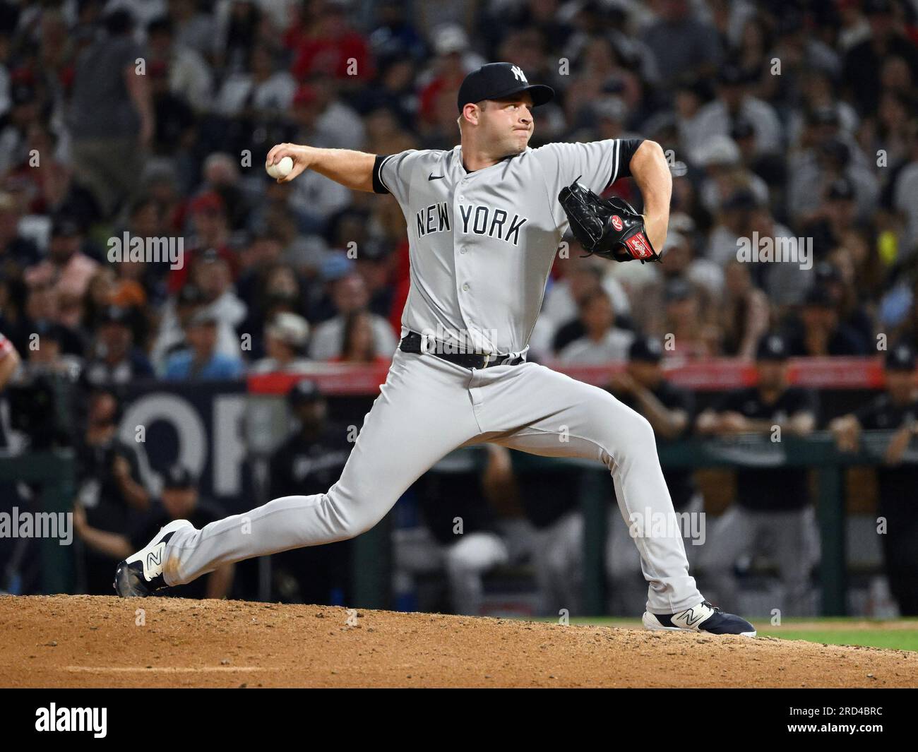 ANAHEIM, CA - JULY 17: New York Yankees pitcher Michael King (34) pitching  during an MLB baseball game against the Los Angeles Angels played on July  17, 2023 at Angel Stadium in