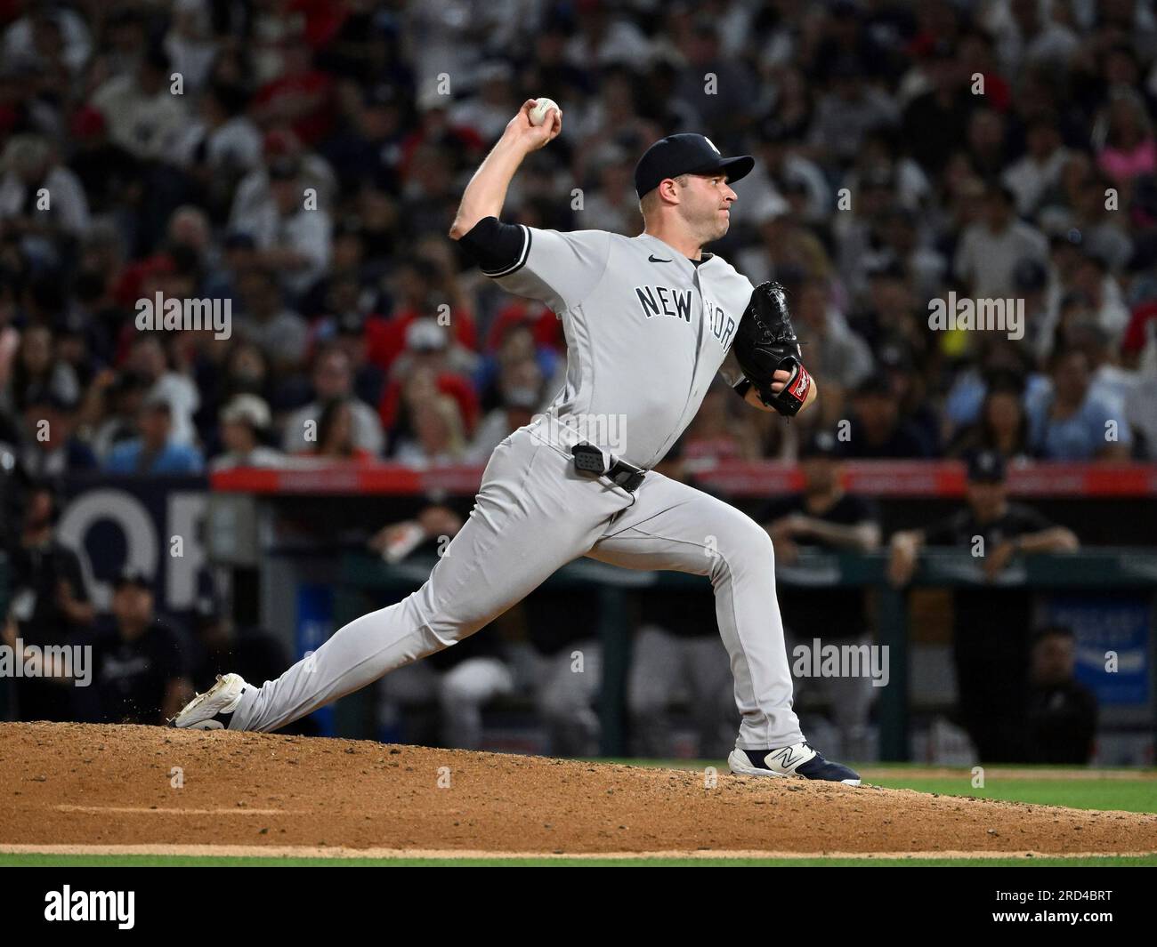 ANAHEIM, CA - JULY 17: New York Yankees pitcher Michael King (34) pitching  during an MLB baseball game against the Los Angeles Angels played on July  17, 2023 at Angel Stadium in