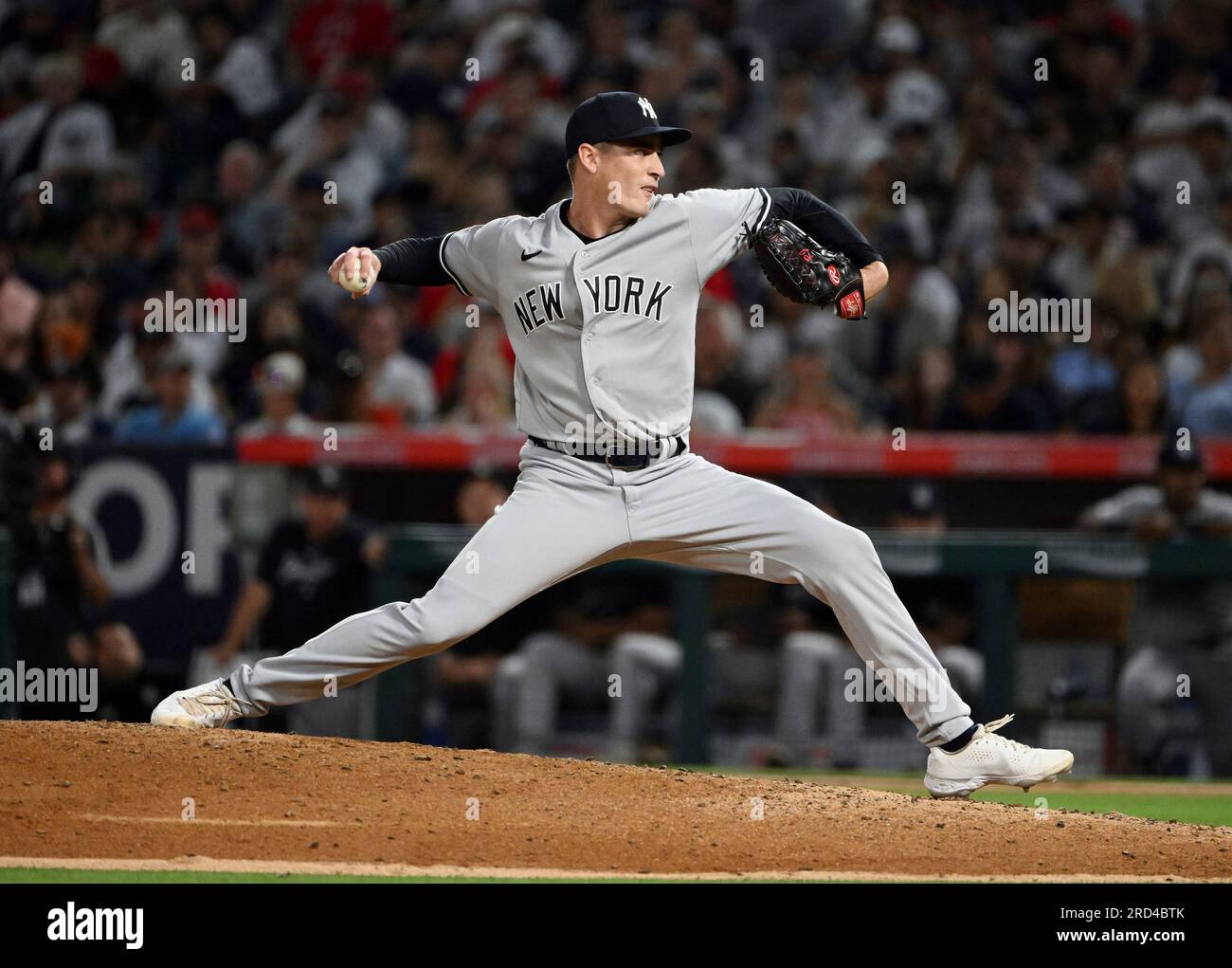 ANAHEIM, CA - JULY 17: New York Yankees pitcher Ron Marinaccio (97)  pitching during an MLB baseball game against the Los Angeles Angels played  on July 17, 2023 at Angel Stadium in