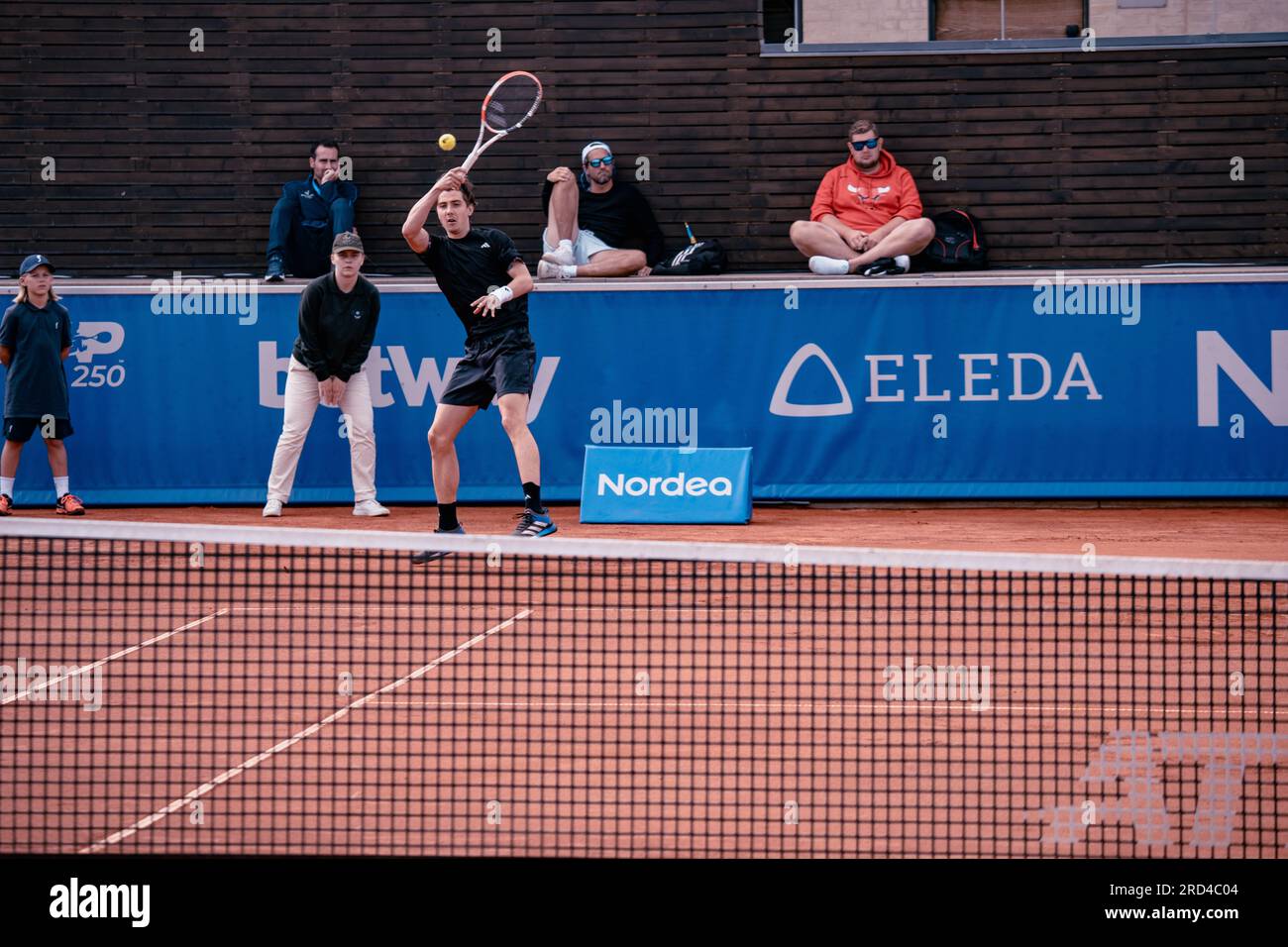 Båstad, Sweden. 07 18 2023. Juan Manuel Cerundolo vs Alexander Shevchenko in the first round of the Nordea Open. Daniel Bengtsson Stock Photo