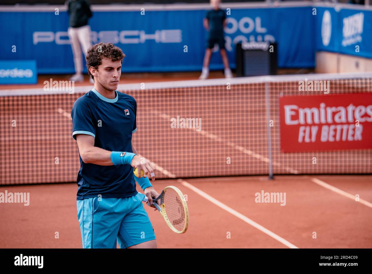 Båstad, Sweden. 07 18 2023. Juan Manuel Cerundolo vs Alexander Shevchenko in the first round of the Nordea Open. Daniel Bengtsson Stock Photo