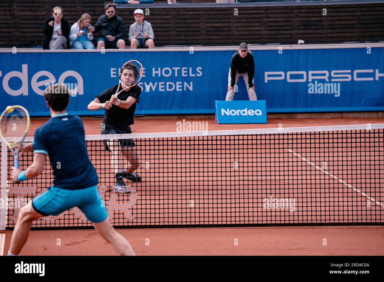 Båstad, Sweden. 07 18 2023. Juan Manuel Cerundolo vs Alexander Shevchenko in the first round of the Nordea Open. Daniel Bengtsson Stock Photo