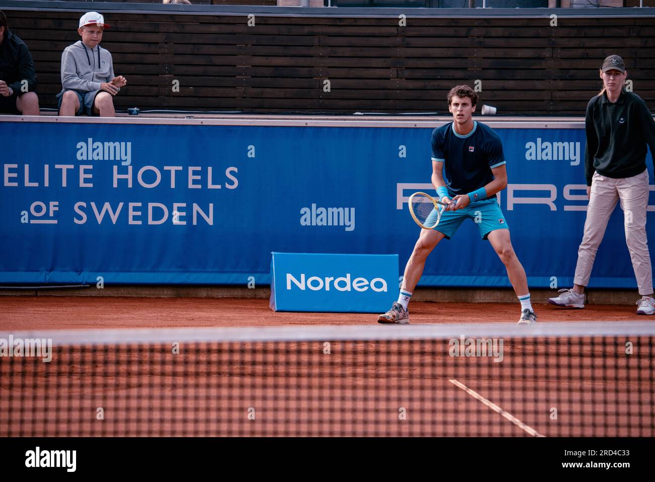 Båstad, Sweden. 07 18 2023. Juan Manuel Cerundolo vs Alexander Shevchenko in the first round of the Nordea Open. Daniel Bengtsson Stock Photo