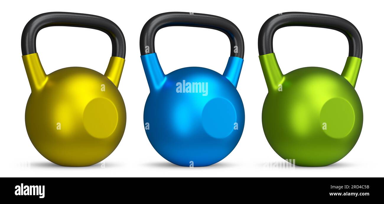 Set of heavy gym gold kettlebells for workout isolated on white