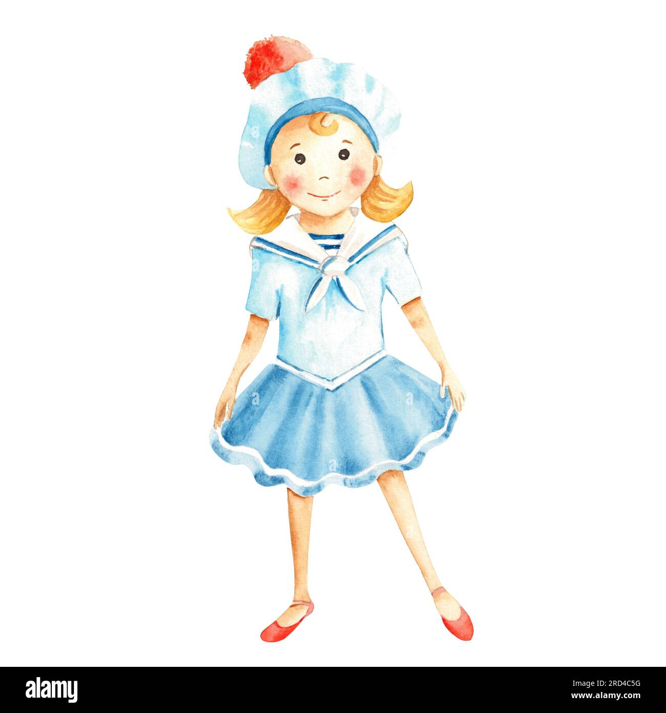 Cute little sailor girl in a marine dress. Watercolour nautical illustration for children. Hand painted on white background. For children's t-shirt Stock Photo