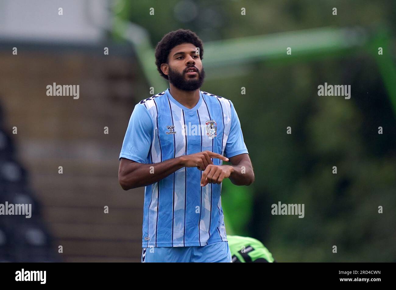 Coventry City's Ellis Simms celebrates scoring their side's first goal of the game during the pre-season friendly match at The New Lawn Stadium, Nailsworth. Picture date: Tuesday July 18, 2023. Stock Photo