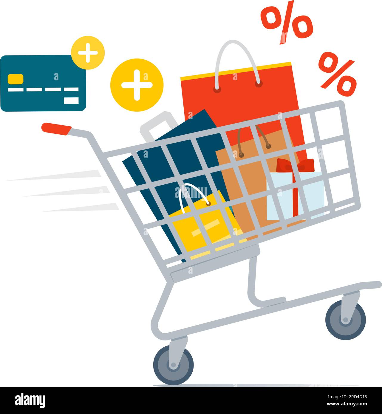 Shopping cart full of bags and gifts, online shopping and retail