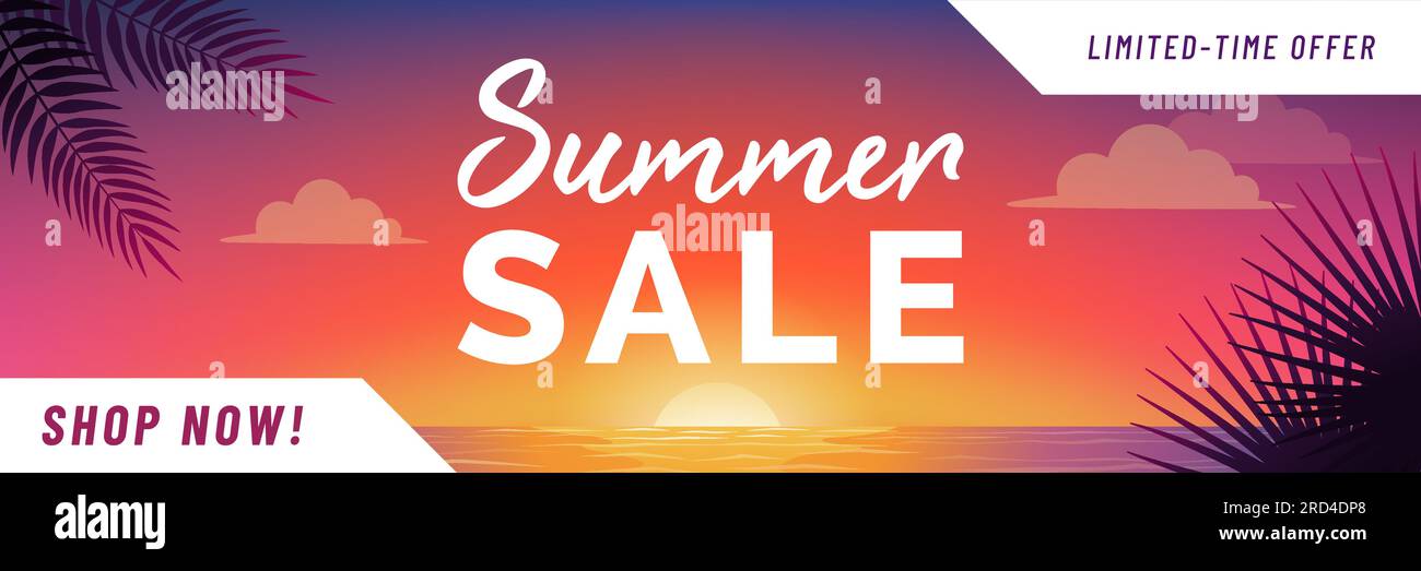 Summer sale advertisement banner with beautiful beach view and sunset, copy space Stock Vector