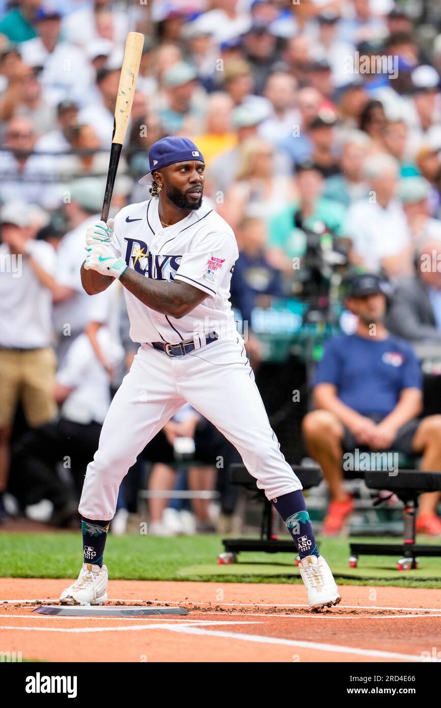American League's Randy Arozarena, of the Tampa Bay Rays, waits for a pitch  during the first round of the MLB All-Star baseball Home Run Derby, Monday,  July 10, 2023, in Seattle. (AP