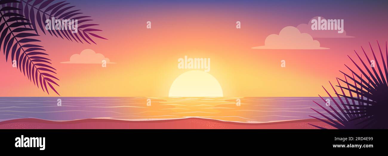 Beautiful romantic view of ocean and tropical beach at sunset, nature and travel background Stock Vector