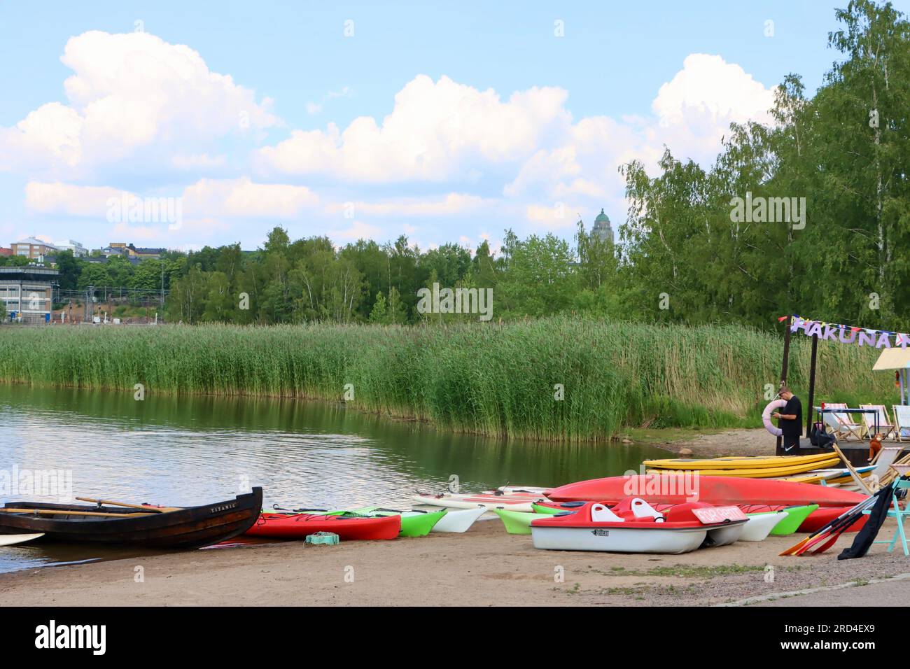 Boat and paddle board rental at Töölö bay in central Helsinki, Finland Stock Photo