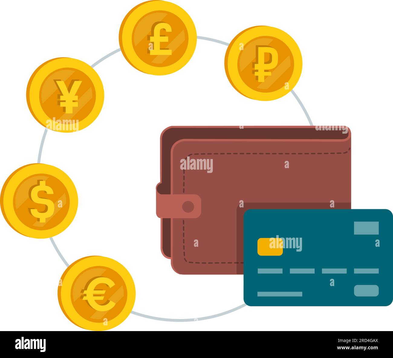 International currencies and wallet with credit card, currency exchange