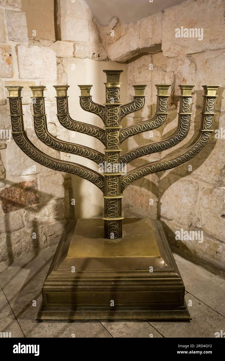 Vertical close-up view of the Hanukkah menorah (seven- branched ...