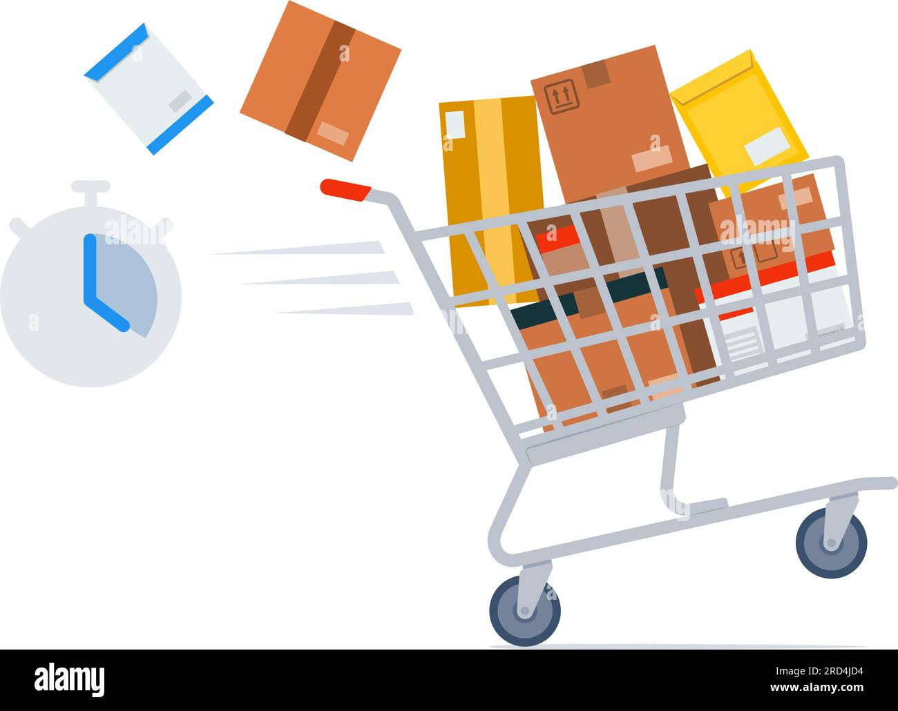 Fast shopping cart full of delivery boxes and parcels, online shopping