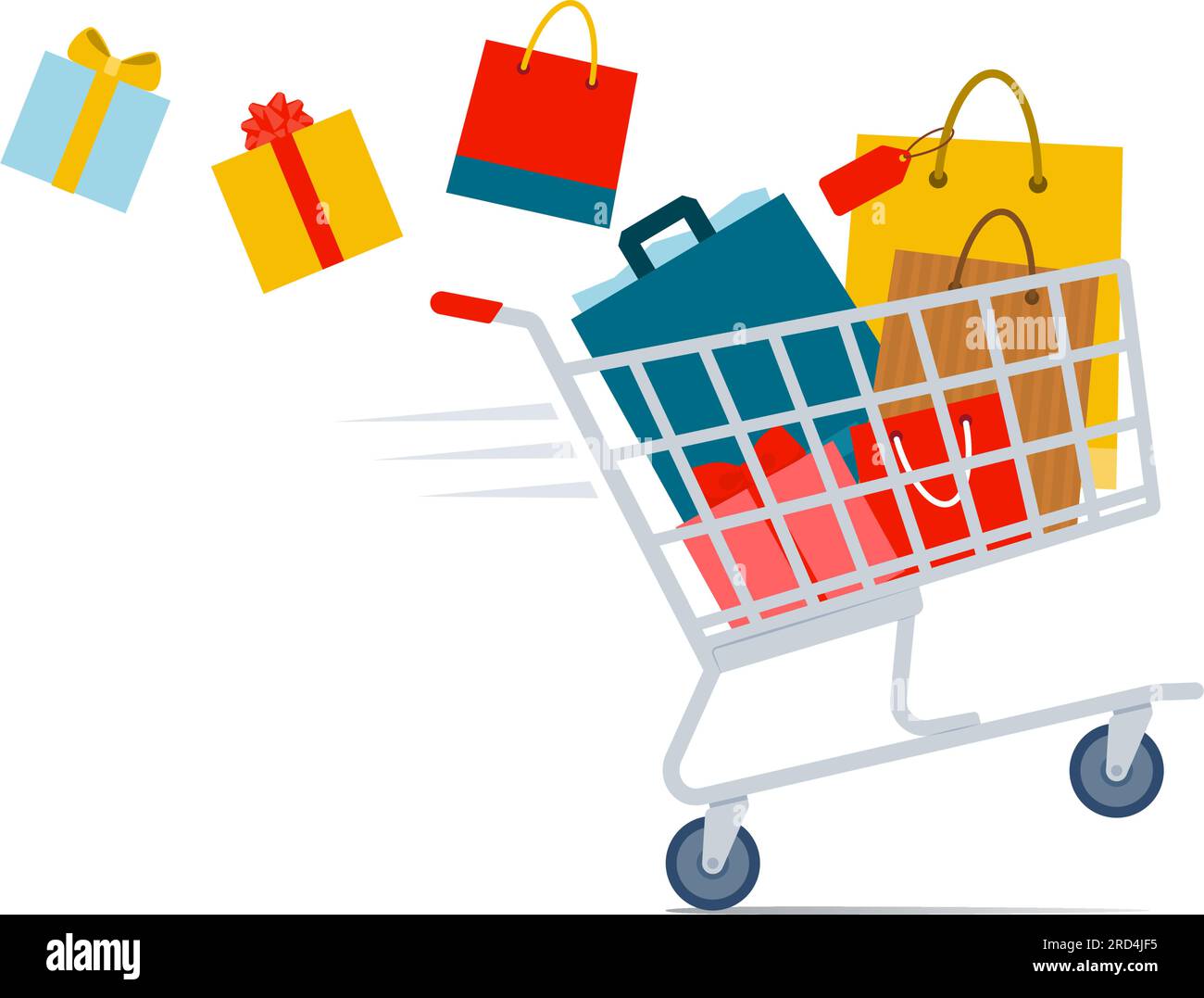 Shopping cart full of bags and gifts, online shopping and retail