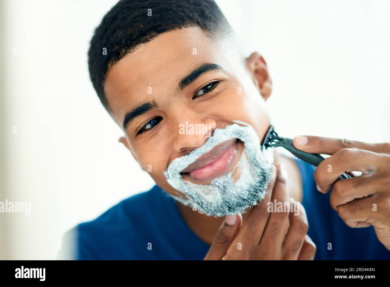 Hair removal mirror and shaving with man in bathroom for grooming