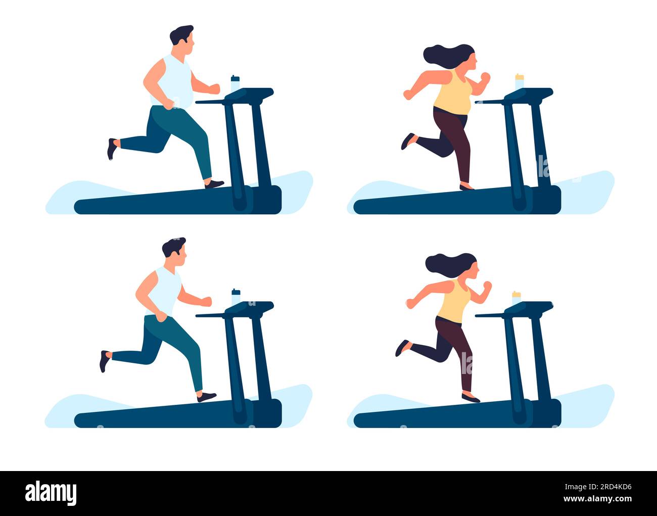 Fat man and woman running on treadmill. People training after losing