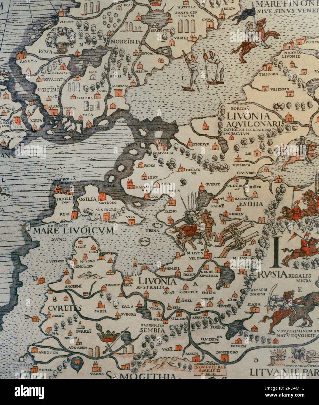 Map of Livonia. 16th century. Marine Chart of Olaus Magnus (1490-1557). Fragment of a reproduction. Venice, 1539. Latvian War Museum. Riga. Latvia. Stock Photo